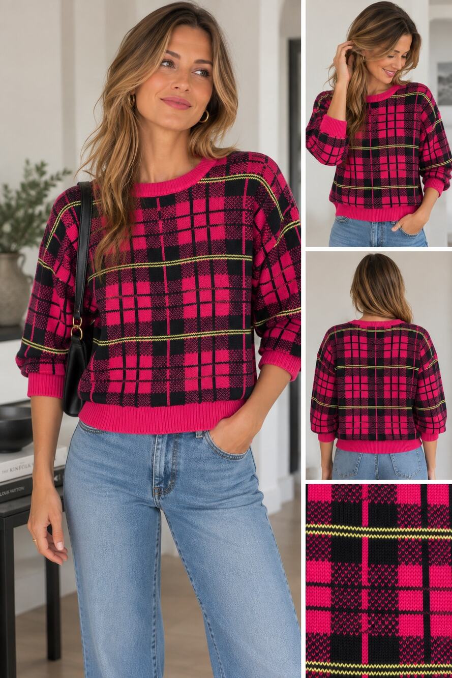 Vintage Objectives Retro 80s 90s Preppy Pink Black Plaid Sweater 3/4 Sleeve